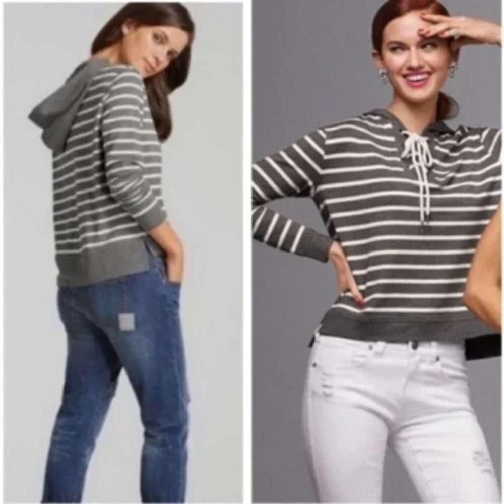 CABI Windward Hoodie Womens S Gray White Rugby Stripe $119 Jersey Top Shirt VGUC